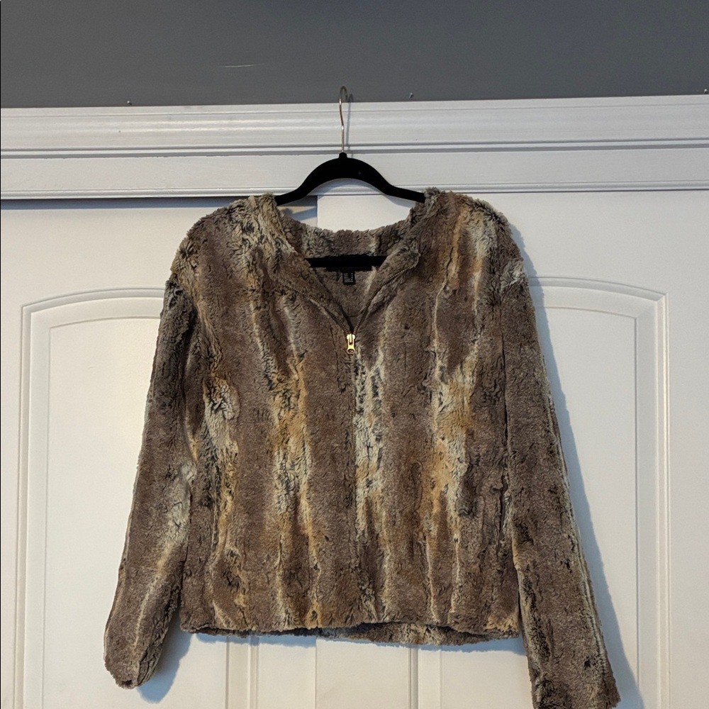 Mango Faux Fur Zip up jacket - Brown and Gray